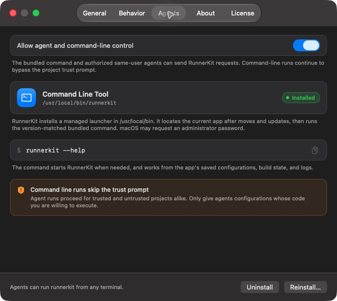 RunnerKit Agents settings with command access, a version-matched CLI, and the project-trust warning