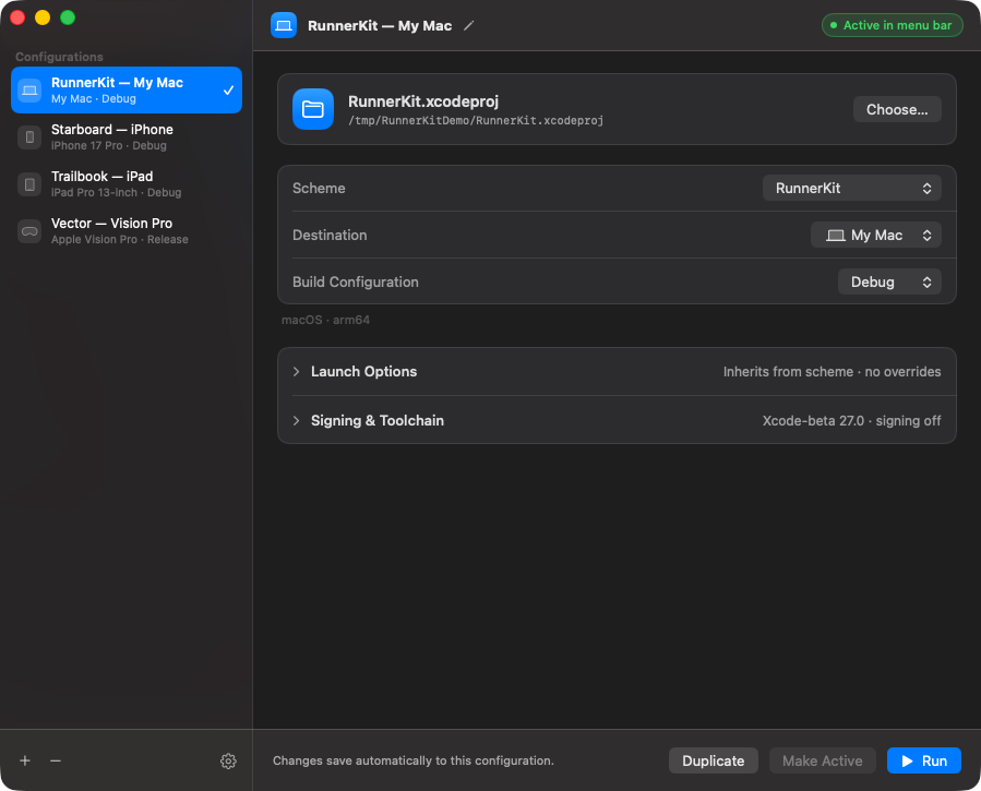 RunnerKit macOS app with a saved Xcode project, scheme, destination, and build configuration